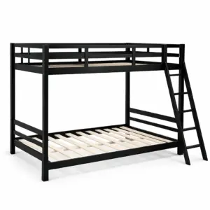Bunk Bed Black Metal Frame with Ladder and Pine Slats 200cm x 95cm x 160cm