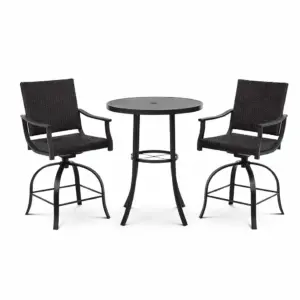 Bar Set 3-Piece Outdoor Bistro Set with Round Metal Table and Wicker Swivel Chairs Black