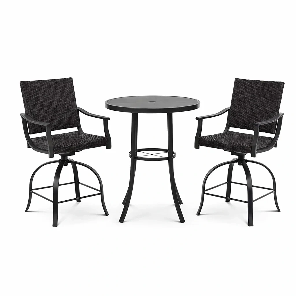 Bar Set 3-Piece Outdoor Bistro Set with Round Metal Table and Wicker Swivel Chairs Black