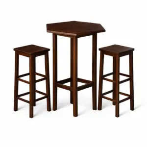 Bar Set Wooden Hexagonal Bar Table Set with Two Stools Dark Brown Solid Wood