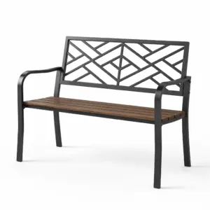 Bench Outdoor Garden Metal Frame Wood Seat