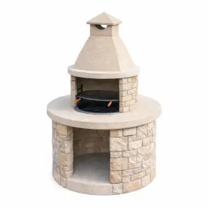 BBQ Grill Outdoor Masonry Stone Grill Fireplace Round Design Concrete Beige